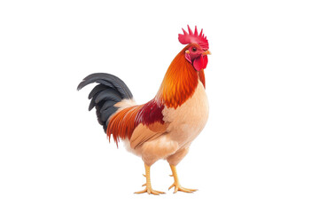 Fototapeta premium A vibrant rooster stands proudly, showcasing its colorful feathers and striking appearance against a clean background.