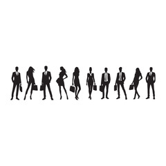 silhouettes of men and a women, a group of business people, black color isolated on white background ,flat line vector and illustration.