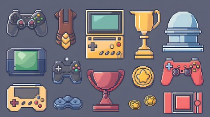 Pixelated gaming icons of consoles, controllers, trophies and more.