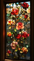 Stained glass window depicting roses growing in a garden