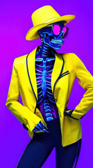 Neon skeleton dressed in a vibrant yellow suit and hat, wearing sunglasses, against a bright purple background. Modern futuristic fashion style. Halloween sale concept