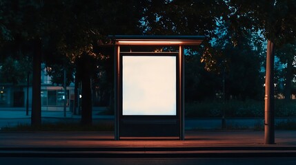 Blank Billboard at Night Bus Stop