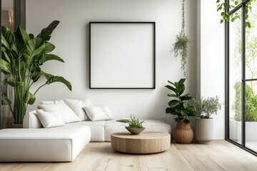 Modern living room with plants and minimalist decor.