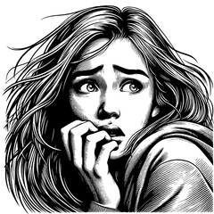 Portrait of a frightened woman in black and white woodcut style. Raster, generative ai.