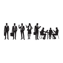 silhouettes of men and a women, a group of business people, black color isolated on white background ,flat line vector and illustration.