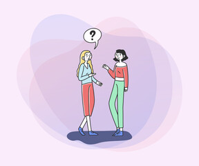 Girls talking to each other flat vector illustration. Friends chatting with dialog bubbles and gestures. Communication, conversation, friendship concept for banner or web design