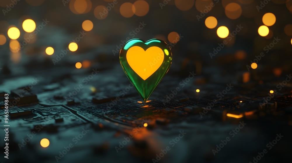 Poster d rendered heart shape glow in dark background with bokeh lights