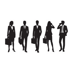 silhouettes of men and a women, a group of business people, black color isolated on white background ,flat line vector and illustration.