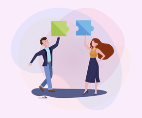Happy business people enjoying office party. Man and woman connecting puzzle pieces flat vector illustration. Teamwork, celebration, unity concept for banner or website design
