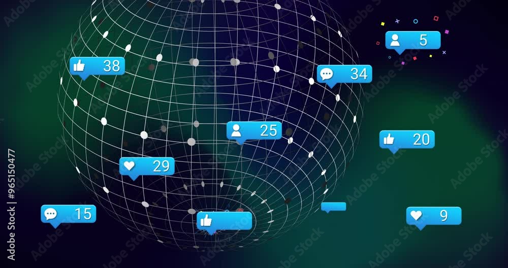 Poster animation of social media icons with numbers and data processing over globe