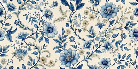 Blue and White Floral Pattern on Cream Background, blue , floral , pattern