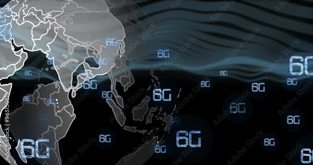 Poster animation of 6g text and data processing over globe
