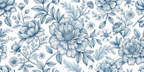 Blue Floral Outline Pattern, white background, line art, botanical, floral pattern, illustration, wallpaper
