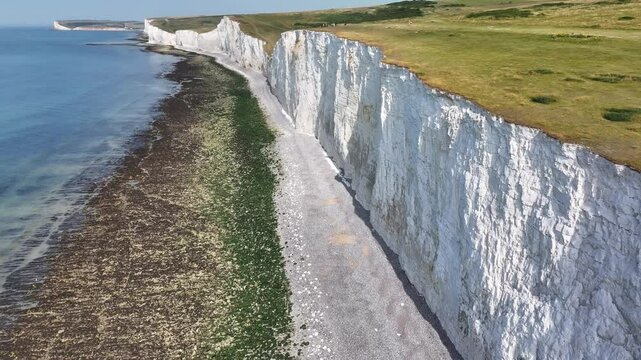 Aerial view of white chalk cliffs at Seven Sisters, South Downs National Park, East Sussex, England, United Kingdom, Europe
