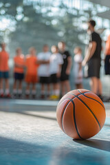 Basketball on a court with a junior team and coach in the background