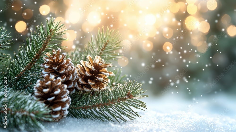 Aufkleber winter scene featuring snow-dusted pine branches and cones with a soft bokeh background during a chi