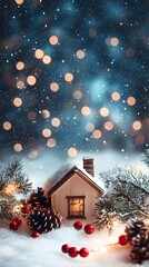 Fototapeta premium Cozy Winter Wonderland Cottage with Pine Cones and Christmas Lights