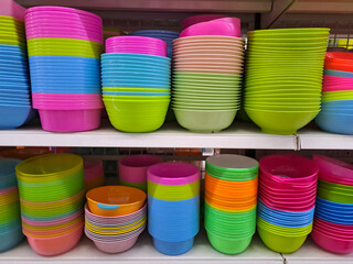 pile of colorful bowl in rack	