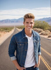 Smiling young American man with blonde hair in a denim jacket stands on an empty desert road with mountains in the background, under a clear blue sky. Casual and confident, he radiates positivity.