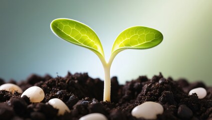 Green Seedling Sprouting from Soil with White Beans