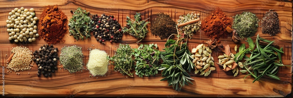 Poster Herbs and spices displayed on a wooden surface