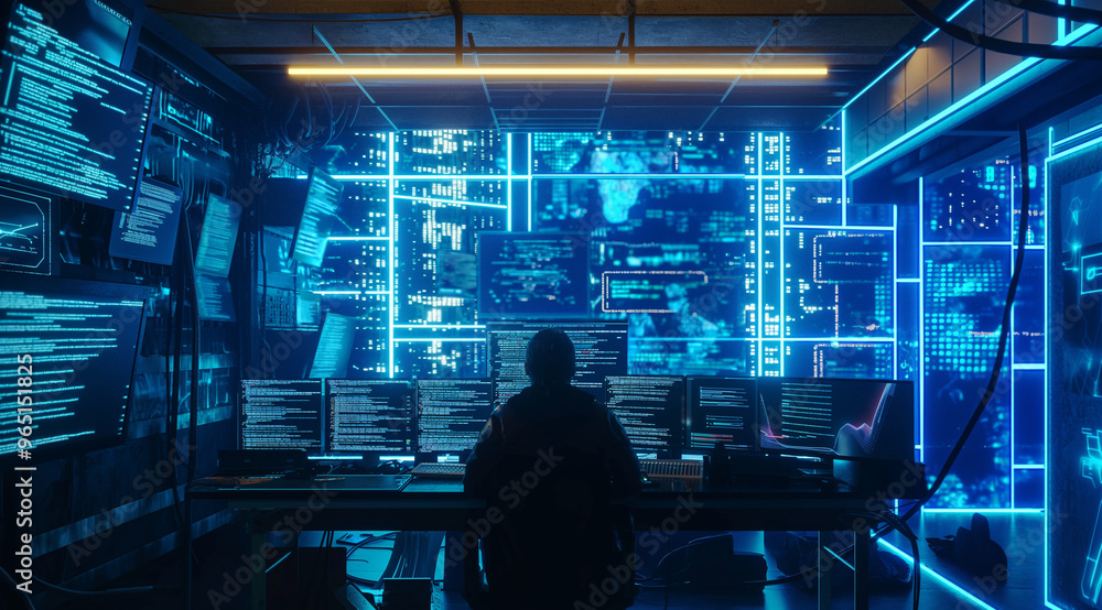 Poster a high-tech workspace featuring a person at a desk in a room illuminated by blue neon lights and dig