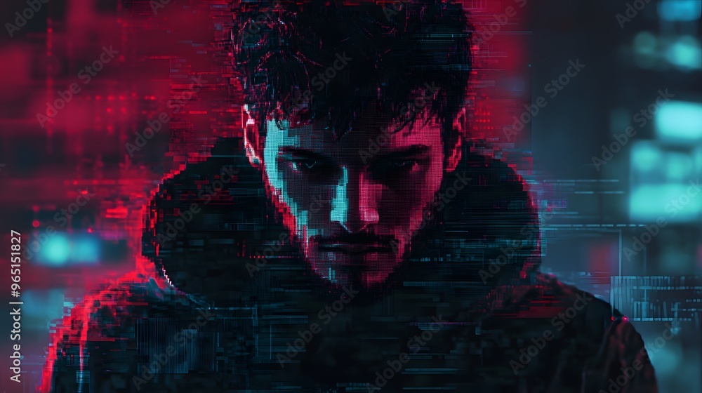 Poster hacker in glitch effect digital art