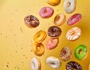 Colorful sweet donuts flying freely in the air on a bright light yellow background.generative ai