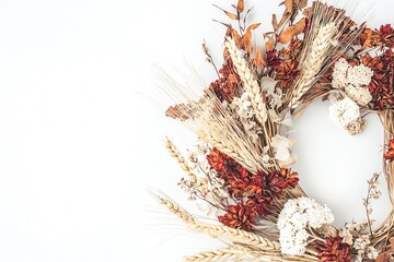 Dried flower and wheat wreath on white background with copy space