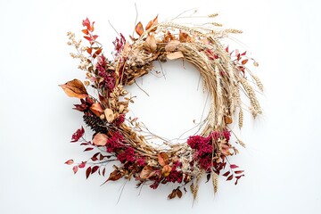 Rustic autumn wreath with dried flowers and leaves on white background.