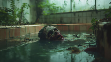 A headless body is floating in a pool of water