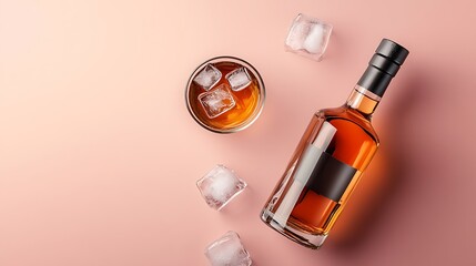 Whiskey and Ice on Pink Background