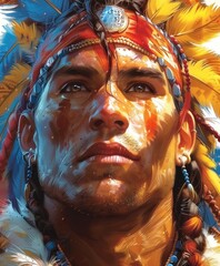 Hyperrealistic Portrait of a Warrior with Traditional Tribal Headdress