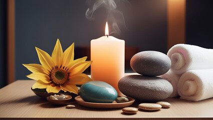 Title: Spa Rock and Candle to Relax in a Room

