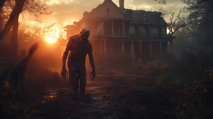 Fototapeta premium A zombie man is walking through a forest near a house