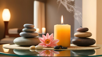 Title: Spa Rock and Candle to Relax in a Room

