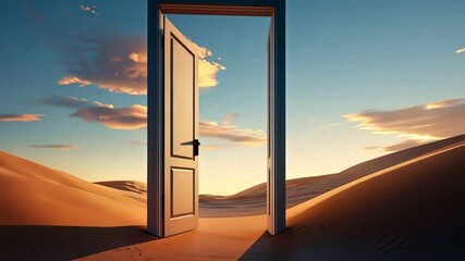 Opened door leading to unknown adventures, desert landscape, bright and inviting, start-up concept