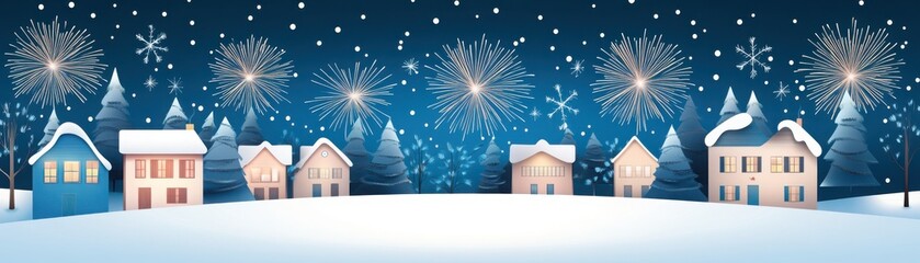 Fototapeta premium Charming winter village scene with snow-covered houses and bright fireworks in the night sky, creating a festive and cozy holiday atmosphere.