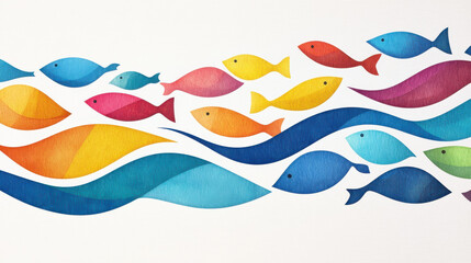 A vibrant abstract watercolor of playful fish amidst swirling waves, celebrating creativity and the beauty of the deep sea.