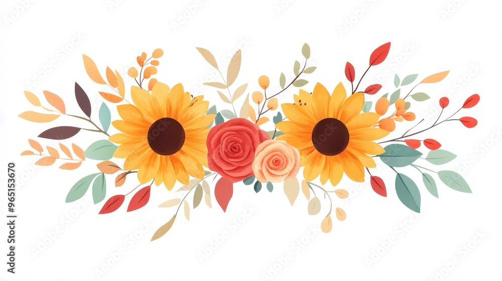 Poster Vivid autumn blooms frame, showcasing orange sunflowers, red roses, and daisy flowers on a clean white backdrop.