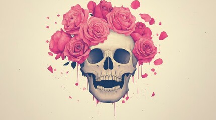 An elegant surreal skull adorned with pink roses in this captivating digital artwork on a clean background.