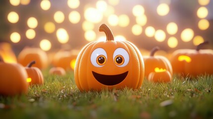 Discover a cute 3D pumpkin with big eyes in a vibrant Halloween patch, perfect for your spooky season designs