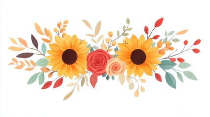 Naklejka premium Vivid autumn blooms frame, showcasing orange sunflowers, red roses, and daisy flowers on a clean white backdrop.