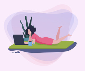 Young woman lying on floor and using gadget at home. Laptop user enjoying leisure flat vector illustration. Wireless technology, internet concept for banner or website design