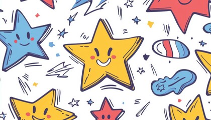 Naklejka premium Explore a fun pattern of doodles filled with charming stars, zany lightning bolts, and cheerful smiley faces on a bright canvas.