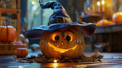 A jack-o-lantern with a blue witch hat and a spider on its brim. The pumpkin is lit from the inside and has a wide, toothy grin, and a single candle is burning in front of it.