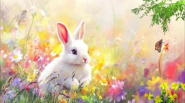 A cute white bunny sitting in a vibrant field of colorful flowers, with a butterfly nearby. Seamless looping time-lapse video background