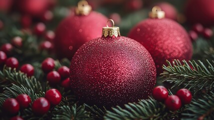 Fototapeta premium Shiny red Christmas ornaments resting on fresh evergreen branches with berries during the festive holiday season