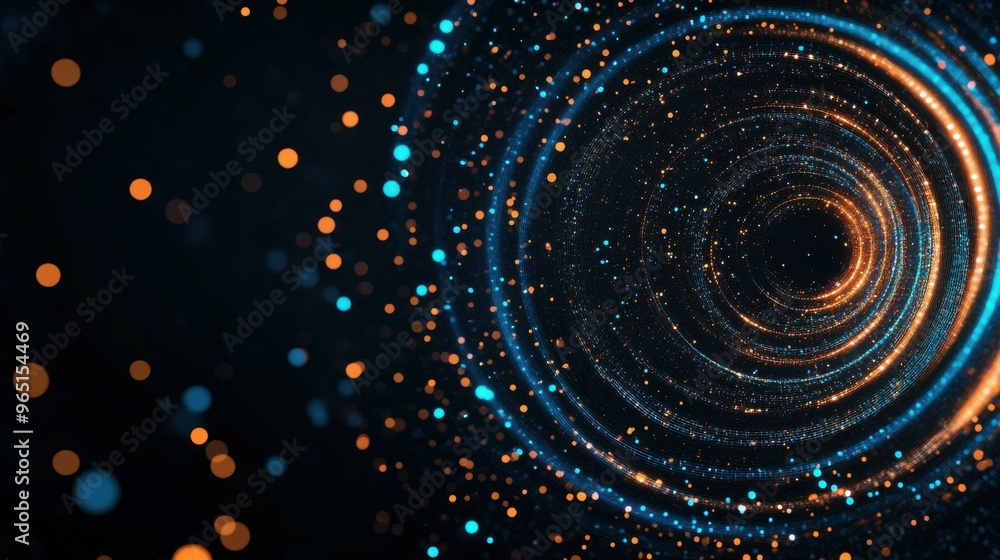 Poster vivid orange and blue light circles swirl and intersect with particles, creating a stunning visual o