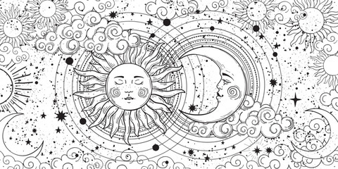 Beautiful sky coloring book for adults with sun and moon, line drawing, horoscope vector banner, print for vintage decor. Modern illustration on white background.